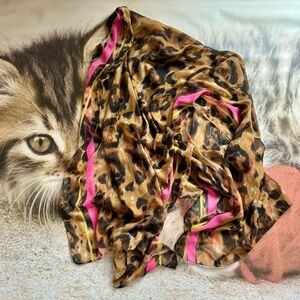 Leopard Print Scarf with Bright Pink and Yellow Accent Stripes Lightweight Woven